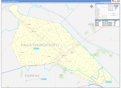 Falls ChurchCounty, VA Wall Map Zip Code Basic Style 2024
